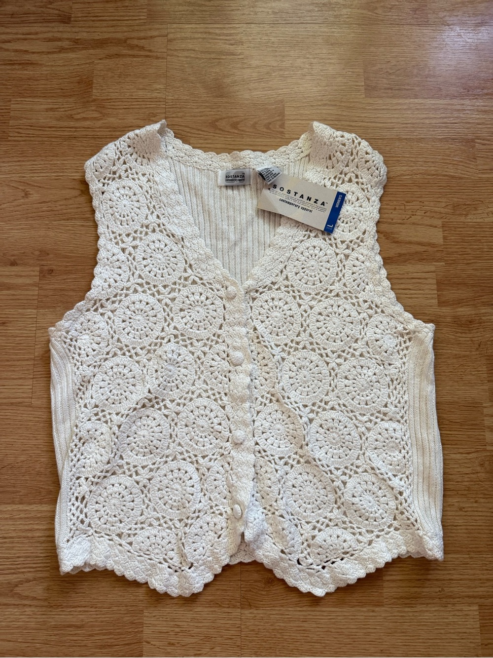 VTG 90s Sostanza Crochet Button Up Vest NWT Cream Boho Coquette L